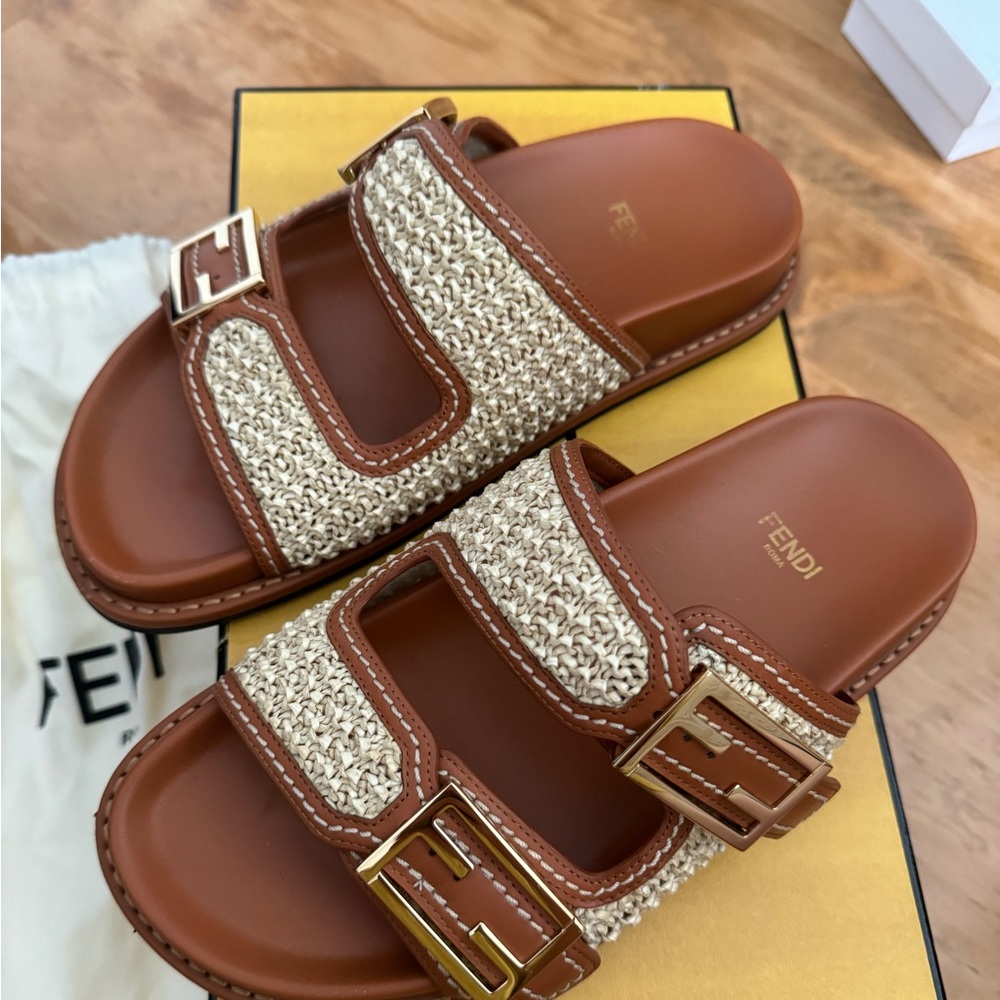 Fendi raffia Two-Strap FF Buckle Sandals 37